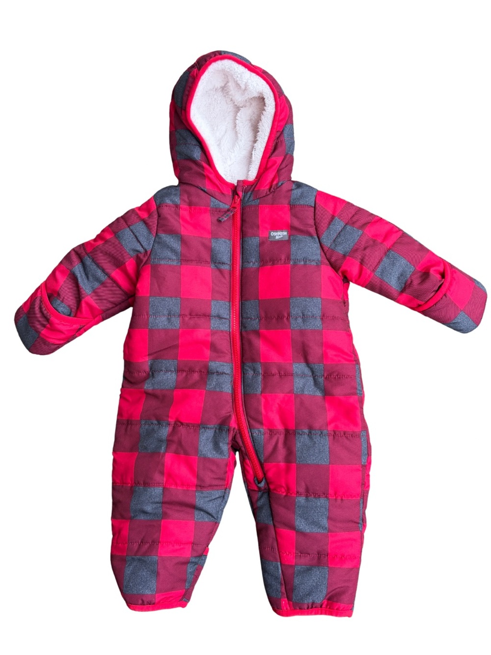 OshKosh B'gosh Red and Gray Buffalo Plaid Hooded Bunting Suit